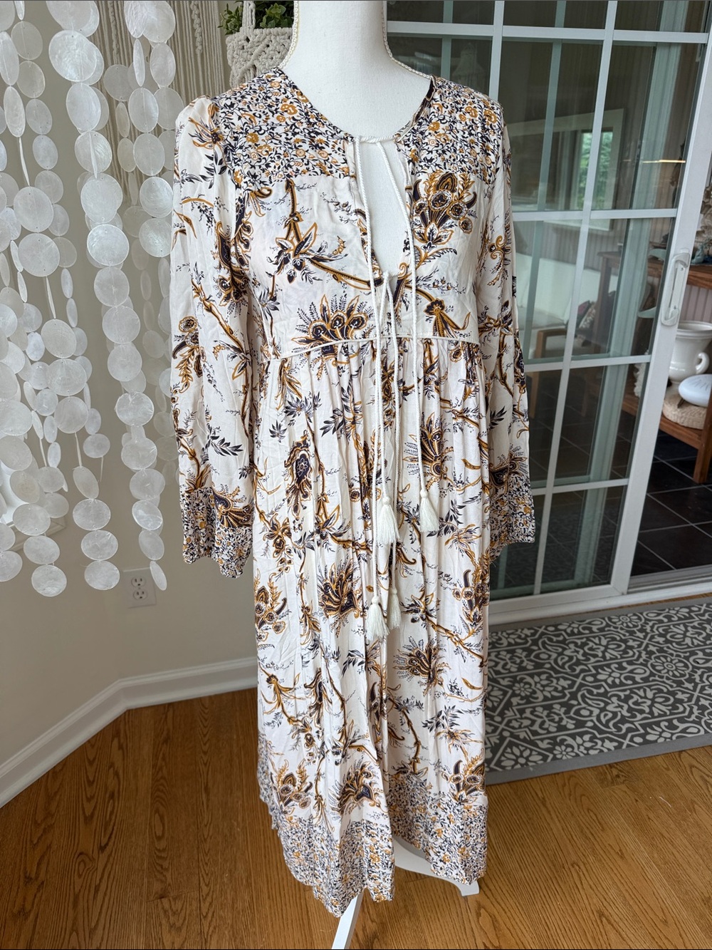Floral Rayon Paisley Eduardian Maxi Dress Cream Blue Gold